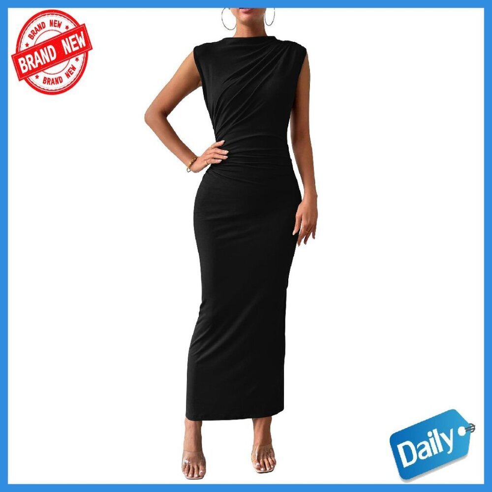 Women's Ruched Bodycon Maxi Dress Sleeveless Back Slit Formal Party